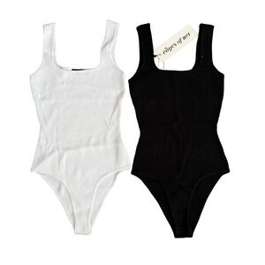 Edges of Her Bodysuit Black White Ribbed Square Neck Set of 2 Womens Small